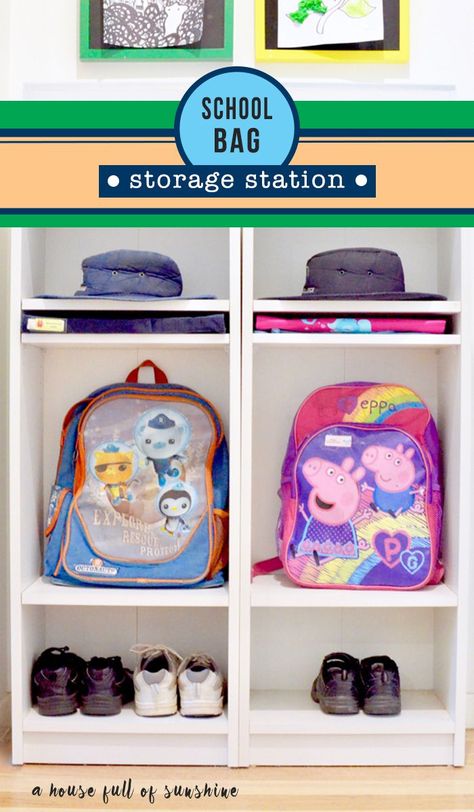 School bag storage station School Bag Storage Ideas, Backpack Station, Bag Storage Ideas, School Bag Storage, Home Command Center, School Organisation, School Storage, Homework Station, Back To School Organization