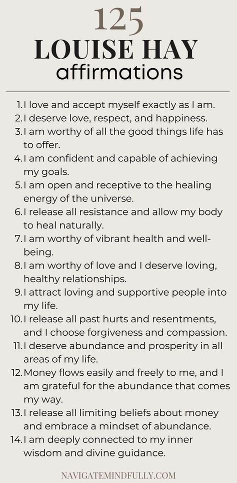 Louise Hay Affirmations: 125 Positive Mantras To Repeat Daily Daily Affirmations For Illness, Louis Hay Quotes, Nurturing Affirmations, Mantras To Live By, Work Affirmations Positive, Heal Your Life Louise Hay, Healing Mantras Affirmations, House Affirmations, Positive Mantras Affirmations