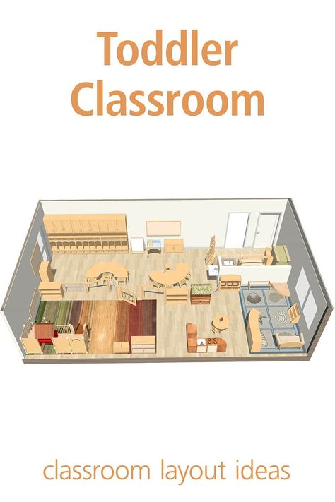 This classroom layout plan is designed for a group of 12 children aged 18 – 24 months, and features a room divider with a gate that creates a safe play area. Toddler Classroom Layout, Kindergarten Classroom Layout, Preschool Room Layout, Montessori Toddler Classroom, Montessori Classroom Layout, Toddler Daycare Rooms, Montessori Preschool Classroom, Kindergarten Classroom Design, Daycare Room Design