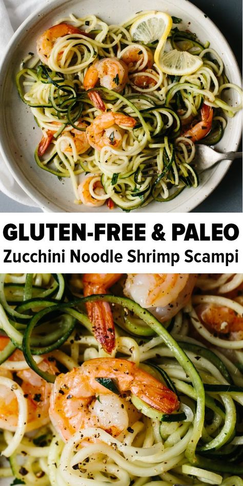 Easy Grain Free Dinner, Whole 30 Shrimp Scampi, Whole 30 Squash Recipes, Shrimp Zoodles, Pasta With Lemon, Whole 30 Dessert, Paleo Menu, Paleo Zucchini, Lemon Garlic Pasta