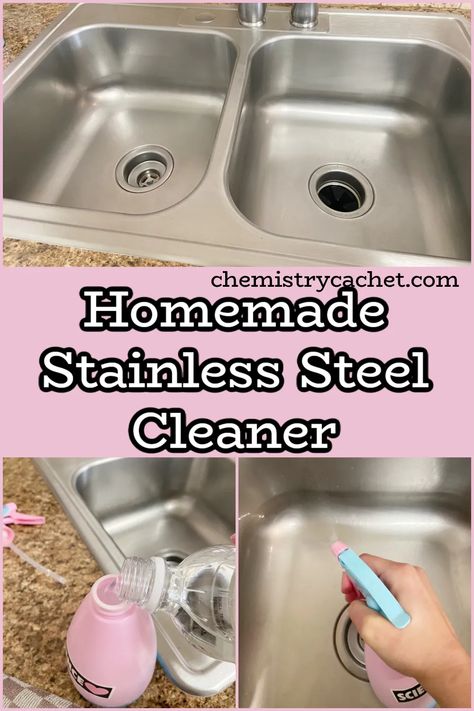 Want to add a shine to your stainless steel and remove water spots? 🌟 Discover our homemade stainless steel cleaner that's not only natural and science-based, but it's also super-easy to use. 🧪✨ Don't miss out on this fantastic cleaning tip! Follow Chemistry Cachet for more science-based cleaning tips! 😃 Diy Stainless Steel Cleaner, Stainless Steel Sink Cleaner, Homemade Stainless Steel Cleaner, Best Stainless Steel Cleaner, Quick Cleaning Tips, Cleaning Stainless Steel Appliances, Remove Water Spots, Tidy Bedroom, Hard Water Spots