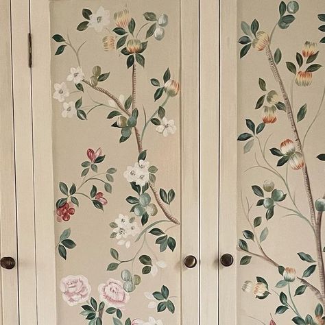 Loved creating this chinoiserie design on this cabinet for @janechurchillinteriors 🌸 behind the cabinet is a @degournay wallpaper so t... | Instagram Floral Wardrobe Design, Wardrobe Wallpaper Doors, Wardrobe Wallpaper Ideas, Wallpaper In Wardrobe, Wallpapered Cabinets, Wallpaper Closet Ideas, Wardrobe Wallpaper, Degournay Wallpaper, Wallpaper Wardrobe