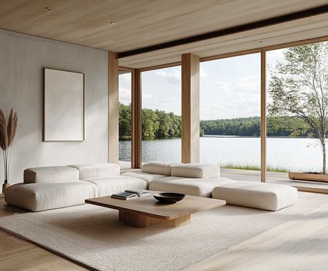 7+ Minimalist Lake House Decor Ideas for a Tranquil Ambiance • 333+ Inspiring Lifestyle Ideas Modern Lake House Decor Interior Design, Modern Lake House Living Room, Modern Lake House Decor, House Decor Ideas, Inspiring Lifestyle, Zen House, Modern Lake House, House Design Trends, How To Dress A Bed