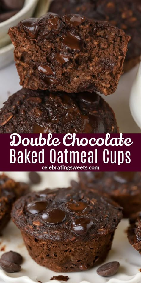 chocolate muffin with melted chocolate chips on top Breakfast Ideas With Chocolate Chips, Oatmeal Breakfast Cupcakes, Cocoa Oatmeal Muffins, Baked Oatmeal Cups No Banana, Chocolate Breakfast Ideas, Chocolate Oatmeal Cups, Chocolate Oat Muffins, Chocolate Oat Cups, Chocolate Oatmeal Muffins