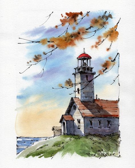 Watercolor Buildings, Peter Sheeler, Watercolour Tutorial, Watercolor Art Landscape, Lighthouse Painting, Canvas For Beginners, Lighthouse Art, Watercolor Architecture, View Art