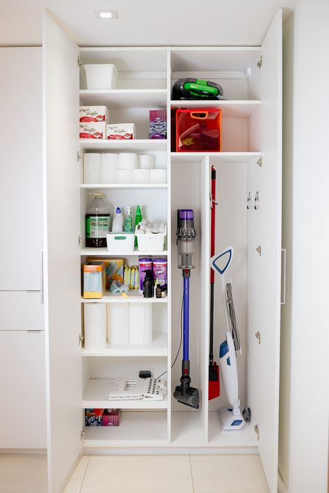 null Laundry And Cleaning Closet, Cleaning Supply Storage Cabinet, Cleaning Supply Closet Ideas, Storage Cupboard Ideas Hall Closet, Small Cleaning Closet, Cleaning Supplies Closet, Organize Mudroom, Utility Closet Organization Ideas, Cleaning Supply Closet