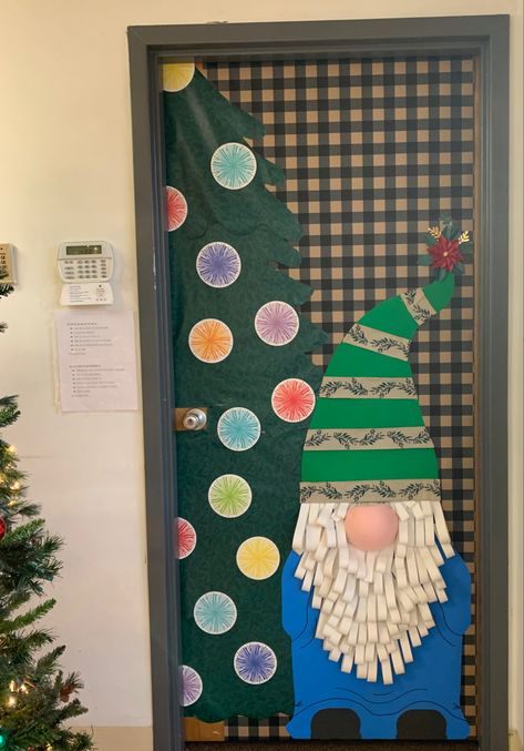 Office door, Christmas decorating contest featuring a Christmas Gnome. Gnome Office Door Decoration, Gnome Door Decorating Contest, Christmas Village Classroom Door, Gnome Christmas Bulletin Board Ideas, Xmas Office Door Decorating Ideas, Gnome Christmas Door Decorating Contest, Christmas Gnome Door Decoration, Gnome Christmas Door Decoration, Holiday Door Decorations For Work Office