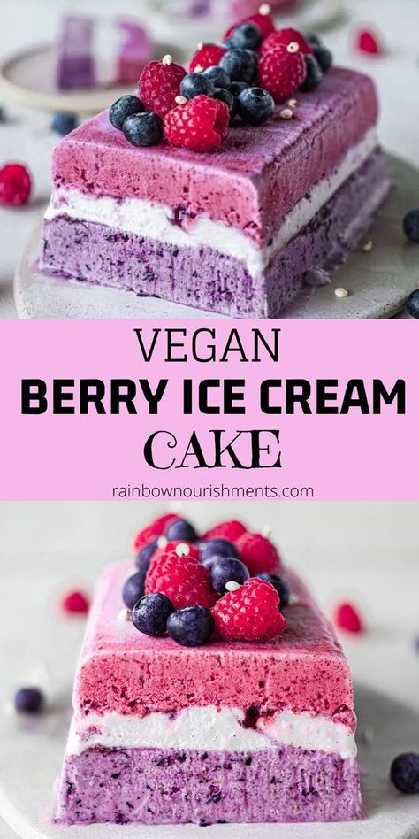 Easy vegan berry ice cream cake with a hint of 'cheesecake' made with only 4-5 ingredients! The vibrant colours makes it a perfect centrepiece for celebrations. via @rainbownourish Vegan Ice Cream Cake Recipe, Easy Vegan Ice Cream, Vegan Ice Cream Cake, Berry Ice Cream, Vegan Birthday, Cream Cake Recipe, Vegan Ice Cream Recipe, Cake Recipes At Home, Vegan Baking Recipes