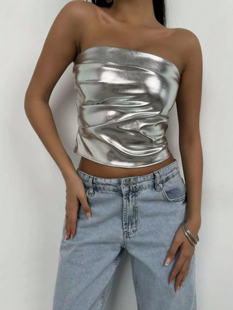 Silver Party Collar Sleeveless Knitted Fabric Plain  Embellished Medium Stretch  Women Clothing Denim And Diamonds, Shein Icon, Silver Party, Concert Fits, Disco Outfit, Night Out Outfit, Causual Outfits, Mode Inspo, Kids Beachwear