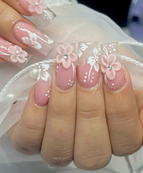 Pink Flower Nails, Quince Nails, Quinceanera Nails, Diy Acrylic Nails, Spring Nail Designs, Brighter Days, Girly Acrylic Nails, Hello Kitty Nails, Acrylic Nails Coffin Pink