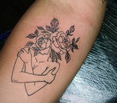 Bust With Flowers Tattoo, Floral Head Woman Tattoo, Love Your Self Tattoo With Flowers, Still Growing Tattoos For Women, Flowers Growing Out Of Head Tattoo, Body With Flower Head Tattoo, Flower Woman Tattoo, Floral Head Tattoo, Still Growing Tattoo