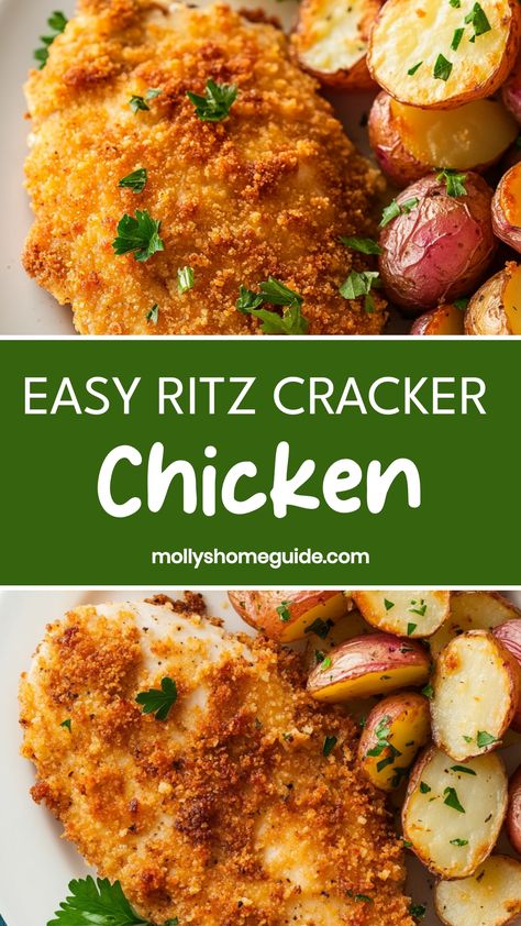 Indulge in a delicious dinner with this mouthwatering Ritz Cracker Chicken recipe. The combination of crispy, buttery Ritz crackers and tender chicken creates a perfect blend of flavors and textures. This easy-to-make dish is sure to become a family favorite that everyone will love. Serve it with your favorite sides for a comforting and satisfying meal. Elevate your weeknight dinners with this simple yet flavorful Ritz Cracker Chicken recipe that will leave you craving more! Chicken Tenders With Ritz Crackers, Hurry Chicken Recipe, Baked Chicken With Ritz Crackers Recipes, Chicken Thigh Recipes With Ritz Crackers, Chicken On The Ritz Recipe, Ritz Cracker Chicken Recipes, Buttery Ritz Cracker Chicken, Ritz Breaded Chicken, Chicken Ritz Crackers Baked