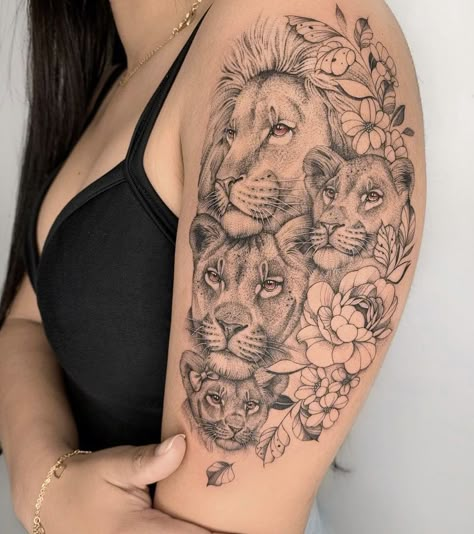 Mama Lion And Cubs Tattoo With Flowers, Lion And Her Cubs Tattoo, Lion Family Tattoo For Women, Tattoo Ideas Female Family, Lioness And Cubs Tattoo Mothers, Chest Cover Up Tattoo Female, Lion Family Tattoo, Tattoo For Children, Couples Tattoo