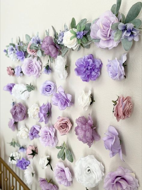 (paid link) How do you style a baby girl nursery? Purple Baby Girl Nursery Target, Purple Nursery Curtains, Purple Flower Garland, Purple Flower Decor, Pastel Purple Nursery, Periwinkle Nursery Girl, Lilac Bridal Shower Decorations, Purple Flower Baby Shower Theme, Purple Butterfly Nursery Baby Girl