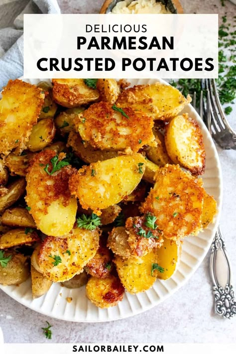 The best Parmesan Crusted Potatoes you will ever have. Easy to make and only a few ingredients for crispy golden potatoes.  via @sailor_bailey Potato Side Dishes Thanksgiving, Crusted Parmesan Potatoes, Parmesan Crusted Yukon Gold Potatoes, Cheesy Yukon Gold Potatoes, Crispy Yellow Potatoes, Parmesan Yellow Potatoes, Petit Gold Potatoes Recipes, Ways To Make Potatoes Side Dishes, Potato Recipes Parmesan