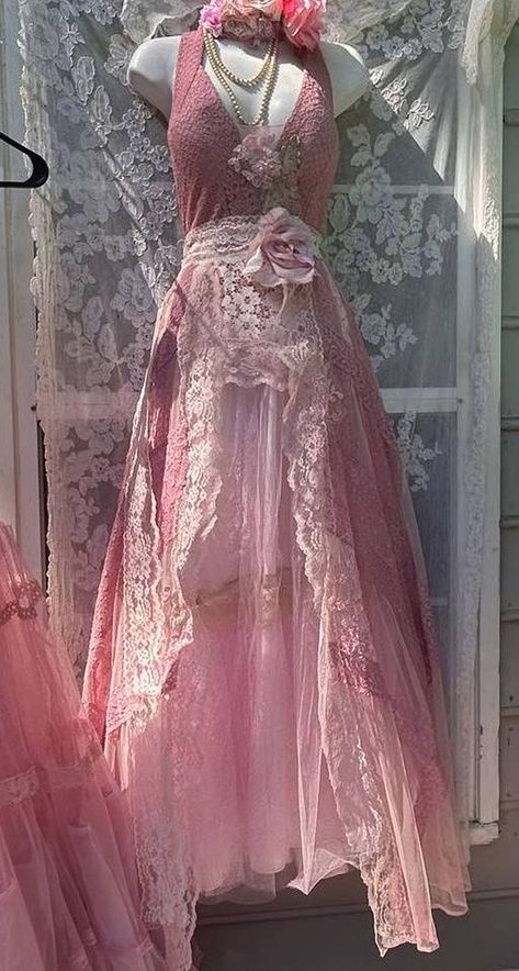 Not coming full time Vintage Colored Wedding Dress, Vintage Pink Wedding Dress, Pink Witch Dress, Pink Fairy Outfit, Pink Whimsigoth, Colourful Wedding Dress, Pink Frilly Dress, Pink Dress Long, Colorful Wedding Dress