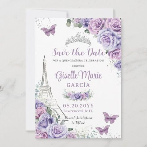 $2.86 - Quinceañera Purple Floral Paris Eiffel Butterflies - quinceanera mis quince 15 anos, silver princess tiara crown, paris france eiffel tower, garden butterflies rose flowers, sweet 16 16th 18th birthday, purple lavender lilac floral roses, quinceanera mexican spanish latina, 15th birthday save the date, sweet sixteen editable digital file, budget economical printed cards Quinceañera Purple, Paris Quinceanera Theme, Birthday Save The Date, Purple Birthday Invitations, Quince Decor, Purple Invitations, Quince Invitations, Princess Birthday Invitations, Quinceanera Themes