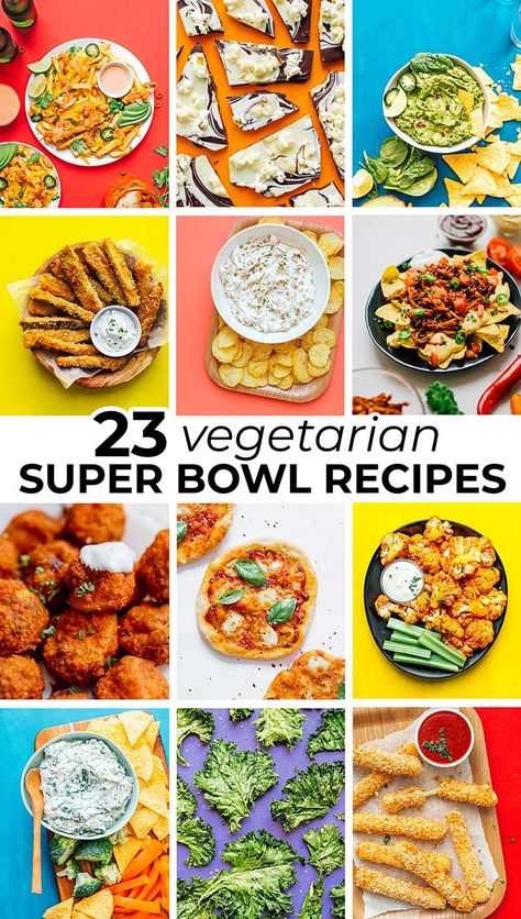 From delicious appetizers to fun finger foods, here are 23 of our favorite vegetarian Super Bowl recipes for munching on during the big game! These flavor packed healthy appetizers are perfect for parties, and something the whole family will love. #superbowl #appetizers #fingerfood #partyfood #vegan #vegetarian Super Bowl Veggie Appetizers, Veggie Superbowl Food, Vegetarian Super Bowl Food Appetizers, Vegetable Super Bowl Snacks, Vegetarian Superbowl Snacks, Superbowl Vegetarian Food, Super Bowl Vegetarian Food, Party Finger Foods Vegetarian, Pescatarian Superbowl Recipes