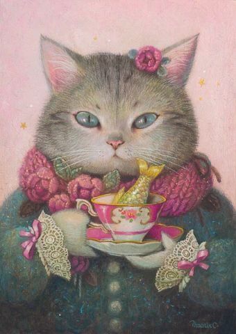 Phoenix Chan Phoenix Chan, Cat Portrait, Wood Panel, A Cat, Phoenix, Paintings, Tea, Wood, Flowers