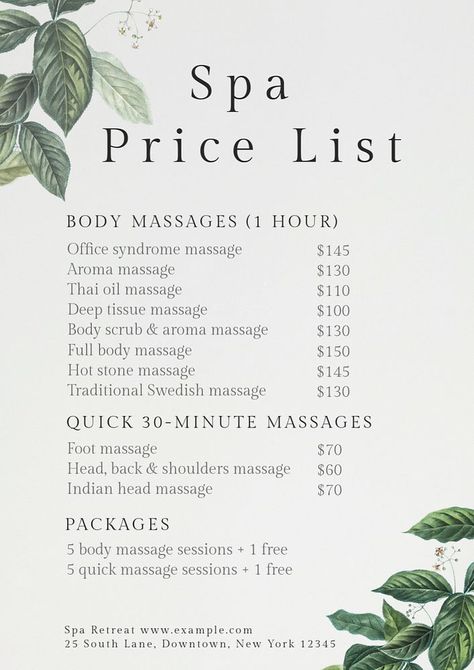 Spa price list editable poster template | premium image by rawpixel.com / Napas Massage Price List, Spa Menu Design, Mosque Poster, Spa Price List, Menu Spa, Massage Prices, Price List Design, Spa Menu, Spa Prices