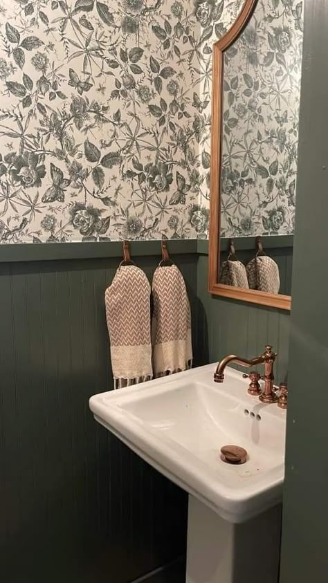 Small Half Bathroom Ideas Moody, Powder Room Beadboard Wainscoting, Small Farmhouse Half Bathroom, Small Powder Room Wallpaper Vintage, Powder Room With Beadboard Walls, Cottagecore Powder Room, Wainscoting Bathroom Wallpaper, Powder Room Wainscoting Ideas, Small Half Bathroom Ideas On A Budget