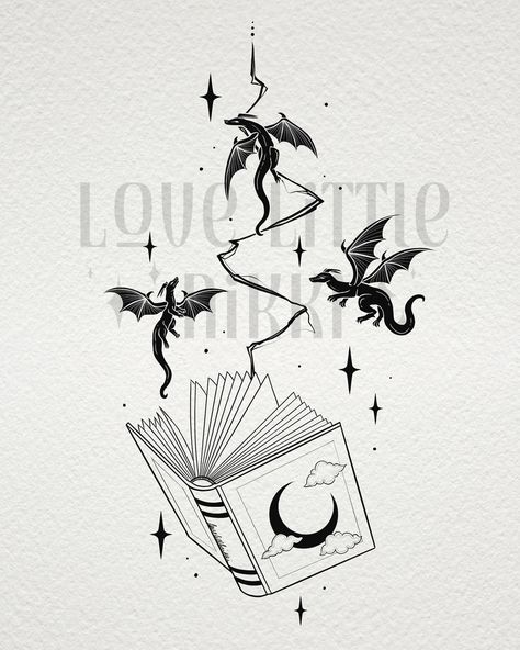 Dragon With Lightning Tattoo, Dragon And Books Art, Fantasy Books Drawing, Dragon Book Tattoo For Women, Book Open Tattoo, Dragon Coming Out Of A Book Tattoo, Flying Books Drawing, Reading Tattoo Ideas, Book Dragon Tattoo