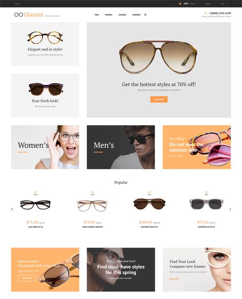 5 of the Best PrestaShop Themes for Selling Sunglasses & Eyewear - prestashop themes selling sunglasses eyewear Sunglasses Website Design, Blog Layout Design, Wordpress Theme Portfolio, Sunglasses Store, Optical Shop, Blog Themes Wordpress, Customer Testimonials, Website Themes, Premium Wordpress Themes