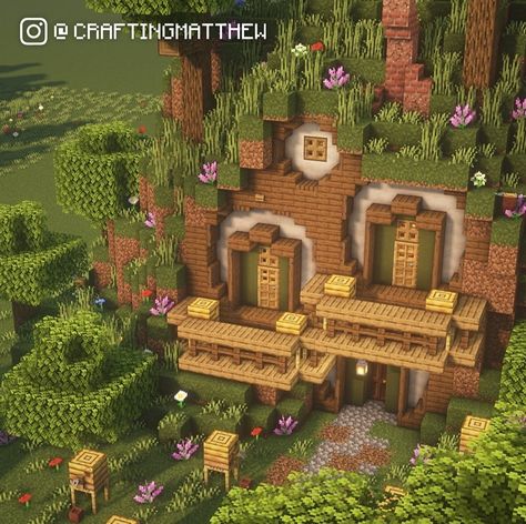 Minecraft Houses Goblincore, Minecraft Cottage Core Library, Earthy Minecraft Builds, Earthy Minecraft House, Minecraft Frog Enclosure Ideas, Hobbit Minecraft House, Fox Sanctuary Minecraft, Hobbit Home Minecraft, Minecraft Moss House