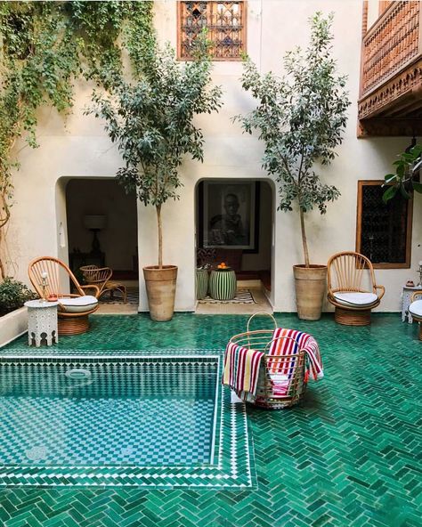 @elfennmarrakech giving us life with all this green zellige tile! 🤩❇️😍What color zellige tile would you use for an outdoor courtyard?… Dark Green Tile, El Fenn, Garden Deck, Inspiring Interiors, Zellige Tile, Patio Interior, Tiles Design, Indoor Swimming, Green Tile