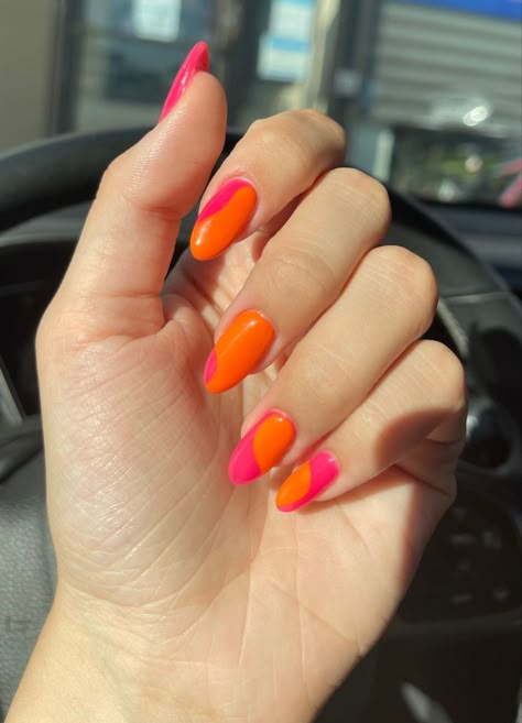 Bright Nails Square, Pink And Orange Gel Nails, Miami Nails Summer, Bright Summer Nails Almond Shape, Pink Orange Nails Summer, Miami Nails Ideas, Summer Nails Pink And Orange, Orange Pink Nails, Pink Orange Nails