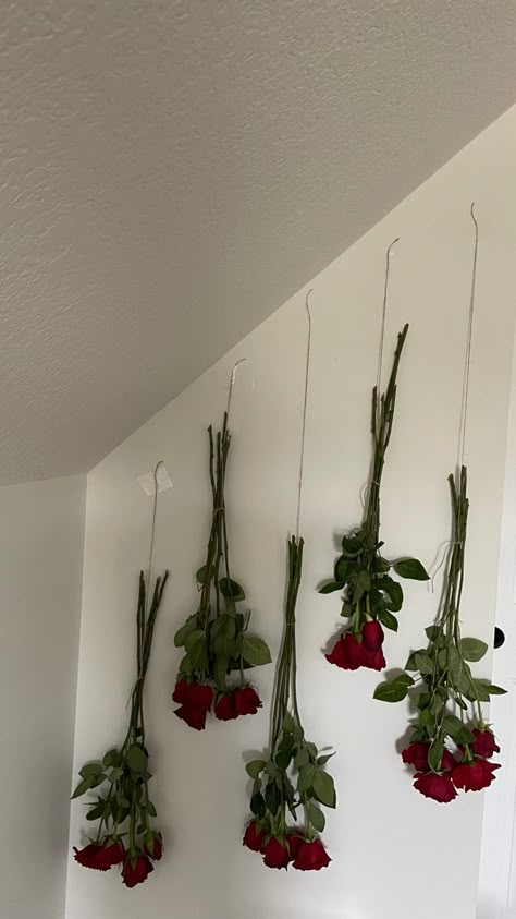 Rose Wall Room Decor, Flowers Upside Down Hanging, Rose Themed Room, Hanging Roses From Ceiling, Cherry Red Room Aesthetic, Cherry Room Aesthetic, Cherry Room Decor, Roses On Wall, Flower Room Aesthetic