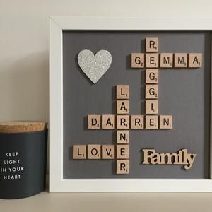 Scrabble Letter Crafts, Scrabble Tile Art, Scrabble Frames, Framed Word Art, Happy Birthday Valentine, Our Family Tree, 3d Box Frames, Letter Craft, Scrabble Wall Art