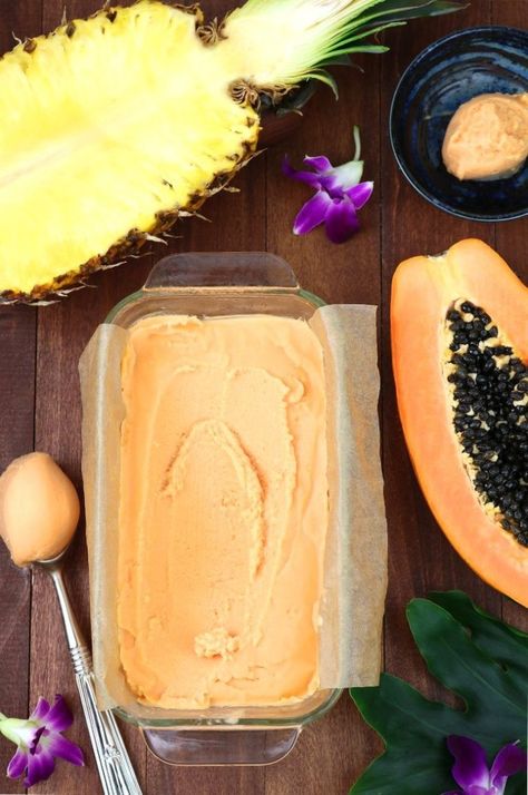 Papaya Pineapple Sherbet | Lands & Flavors Papaya Ice Cream, Pineapple Sherbet, Papaya Sorbet, Papaya Recipes, Nice Cream, Tropical Fruit, Frozen Desserts, Fruit Recipes, Frozen Treats