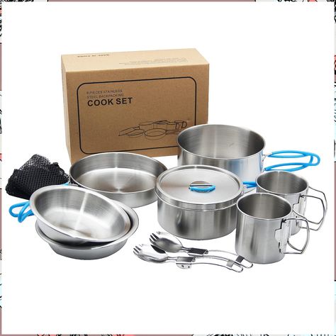 BEFOY Stainless Steel Camping Cookware Mess Kit Durable Pot Pan Cup Folding Spoon Nylon Bag for Cooking, Outdoor Camping Hiki Mess Kit Camping, Camping Cooking Gear, Campfire Grill, Hiking Picnic, Mess Kit, Picnic Essentials, Cookware Set Stainless Steel, Camping Cookware, Pots And Pans Sets