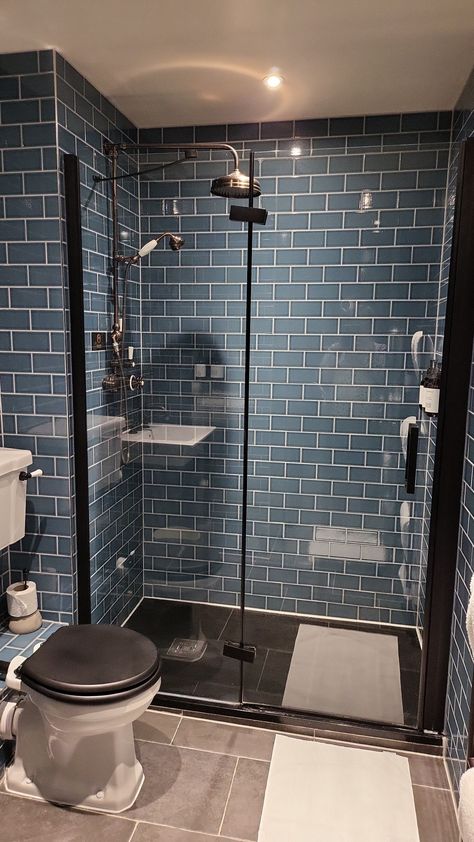 Blue Tile Bathroom Black Fixtures, Blue Brick Tiles Bathroom, Blue Tile Wet Room, Dark Blue Tile Bathroom, Clawfoot Tub Ideas, Brick Tiles Bathroom, Organisation Inspiration, Dark Blue Tile, Blue Shower Tile