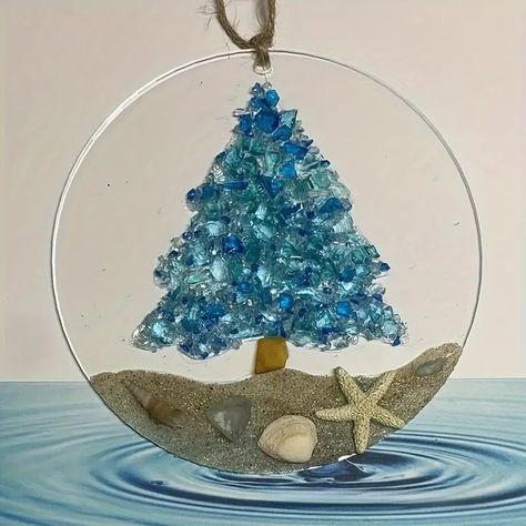 Acrylic Light Catchers Christmas Trees Beach Art Decorations - Temu Canada Crushed Glass Crafts, Resin Christmas Decorations, Cali Christmas, Sea Glass Suncatcher, Seaglass Christmas, Sea Glass Window Art, Resin Christmas Tree, Broken Glass Crafts, Blue Mussel