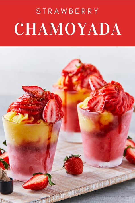 This delicious frozen dessert is made with strawberries, lime, chili, and Chamoy. It's the perfect combination of sweet and spicy and is so refreshing!   #californiastrawberries #chamoyada #latinrecipes #mexicandessert #frozen #frozendessert #chamoy #summerdessert #easyrecipes #dessertideas #entertaining #cookingathome Apricot Syrup, Desserts Mexican, Mexican Desserts, Mexican Snacks, Appetizers Recipes, Mexican Dessert, Mixed Drinks Recipes, Alcohol Drink Recipes, Frozen Drinks