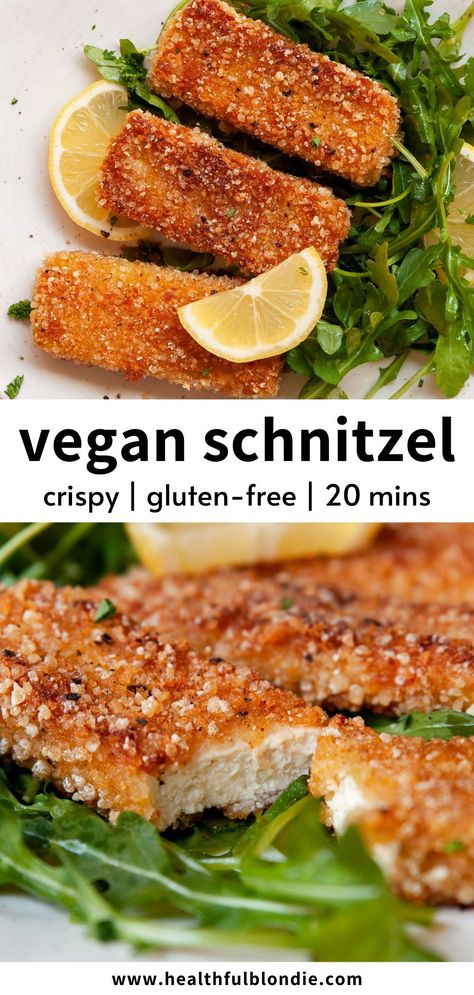 This ultra-crispy vegan tofu schnitzel is perfectly spiced, with a soft middle and crunchy panko crust. You can air fry or pan fry it in under 20 minutes. A fun plant-based twist on a German classic! Vegetarian German Food, Tofu Snitzel, Vegan German Recipes, Tofu Schnitzel, Vegan Schnitzel, Tofu Cutlets, Resep Vegan, Breaded Tofu, Tofu Recipes Healthy