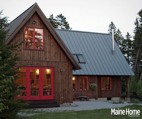 Maine rustic cabin Mullion Windows, Cabin Colors, Red Windows, Home Design Architecture, Cabin Porch, Exterior Finishes, Cabin Exterior, Cottage Exterior, Cottage Cabin