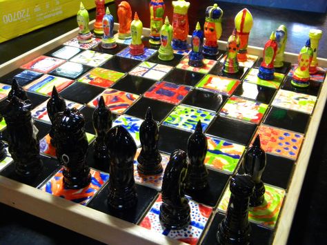 Auction project chess set for Monroe Christian School's third grade class!  Kate Cramer organized the whole thing - painted all the black, and took the rest of the pieces to the school to have the kids paint.  It looks AMAZING! School Auction Class Projects, Class Art Auction, Classroom Auction Projects, School Auction Art Projects, School Auction Projects, Class Auction Projects, Art Auction Projects, Class Auction, Auction Basket