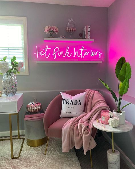 Interior Styling & Home Decor on Instagram: “I’m so excited to share my gorgeous Catriona blush pink chair from @inspiredhomeco This fabulous chair was the perfect addition to my home…” Content Corner Decor Ideas, Hot Pink Apartment, Blush Pink Chair, Pink Apartment, Styling Home, Pink Neon Sign, Billionaire Luxury, Apartment Vibes, Esthetician Room