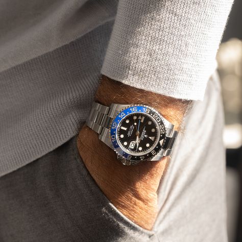 Rolex GMT-Master with Black Dial and Black and Blue Bezel Rolex Batman, Rolex Yachtmaster Blue, Rolex Yacht Master 42 Titanium, Rolex Yachtmaster Ii, Rolex Gmt Master Ii Batman, Rolex Gmt Master Ii, Cool Watches, Rolex, Gentleman