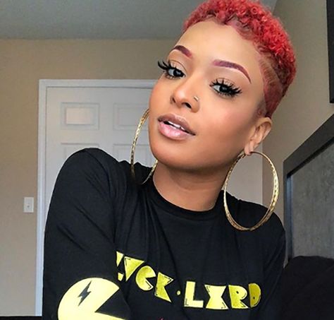 @JASMONIQUE_JORIAN_ rocks her curly pixie style in red Maroon Short Hair Black Women, Color Short Hair Black Women, Red Twa Natural Hair, Short Red Natural Hair Black Women, Red Short Hair Black Women, Red Natural Hair Black Women, Bald Fade Women Black, Red Short Hair, Low Cut Hairstyles