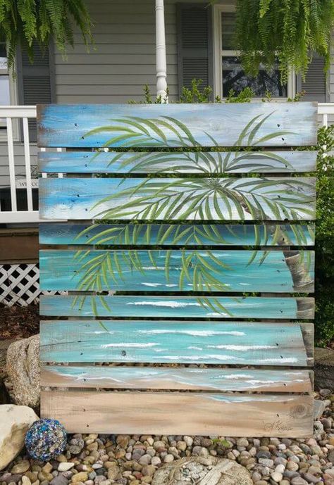 BREATHTAKING BEACH THEMED GARDEN IDEAS - 58 Wood Pallet Art, Coastal Beach Decor, Beachy Decor, Beach Diy, Pallet Crafts, Pallet Painting, Wood Pallet Projects, Pallet Art, Beach Signs