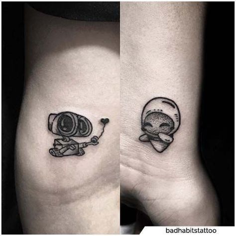 Walle And Eve Tattoos Couple, Walle Eve Tattoo, Walle And Eve Tattoos, Wall E And Eve Tattoo, Wall E Tattoo, Disney Couple Tattoos, Eve Tattoo, Matching Tattoos For Couples, Walle Tattoo