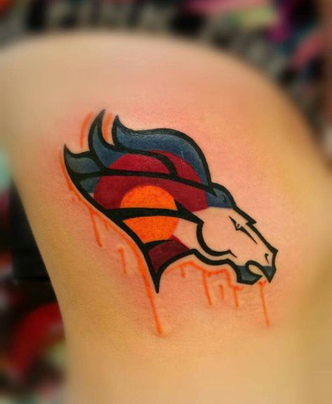 Denver Broncos by Josh Johnson Denver Broncos Tattoo Ideas, Broncos Tattoo, Denver Broncos Tattoo, Josh Johnson, Colorado Tattoo, Bleed Blue, Classy Tattoos, Foot Tattoo, Denver Broncos