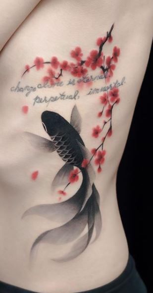 Koi Cherry Blossom Tattoo, Koi Fish Tattoo For Women Leg, Koi And Cherry Blossom Tattoo, Koi Fish Tattoo Cherry Blossoms, Koi Fish And Cherry Blossom Tattoo, Cherry Blossom Flower Tattoo, Fish Tattoo Ideas, Japanese Tattoos Women, Koi Tattoo For Women