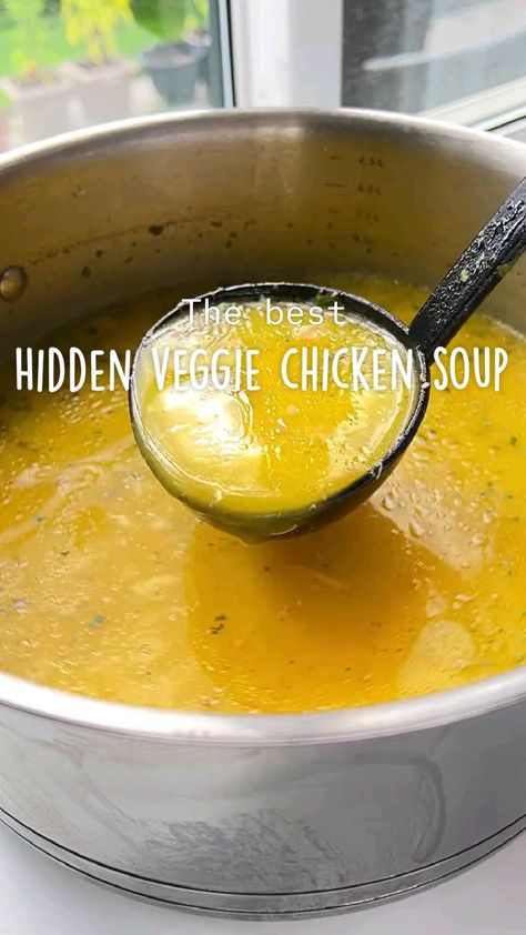 This hidden veggie chicken soup is the ultimate comfort foodand the best dinner recipe for this fall and cold daysNot only is it easybut it has the most stunning colour because of the blended and hidden veggiesThis soup is for anyone that is super picky with veggies and wants a delicious and smooth texture. Veggie Chicken Soup, Soup For Sick, Eat When Sick, Hidden Vegetable Recipes, Chicken Soup Recipes Homemade, Veg Soup, Best Dinner, Hidden Veggies, Fall Dinner Recipes