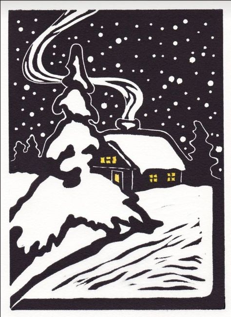 Christmas Window Painting, Deep Snow, Lino Printing, Print Christmas Card, Linoleum Print, Linoleum Block Printing, Linocut Printmaking, Lino Art, Lino Prints