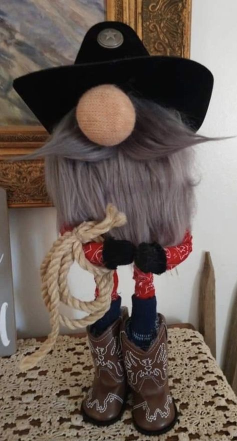 Cowboy Gnomes, Cowboy Gnome, Swedish Gnomes, Stuffed Gnomes, Biker Gnomes, Toddler Organization, Gnome Tutorial, Fabric Feathers, Girl Gnome